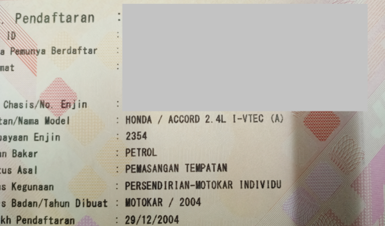 2004 Honda ACCORD 2.4 VTi-L (A) POWER SEAT -TY full